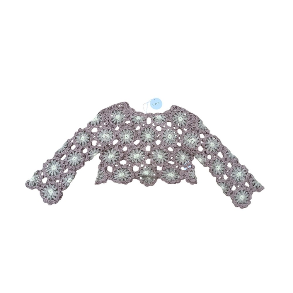 Storia Womens Crochet Granny Square Floral Cropped Sweater Mauve Cream Large NWT